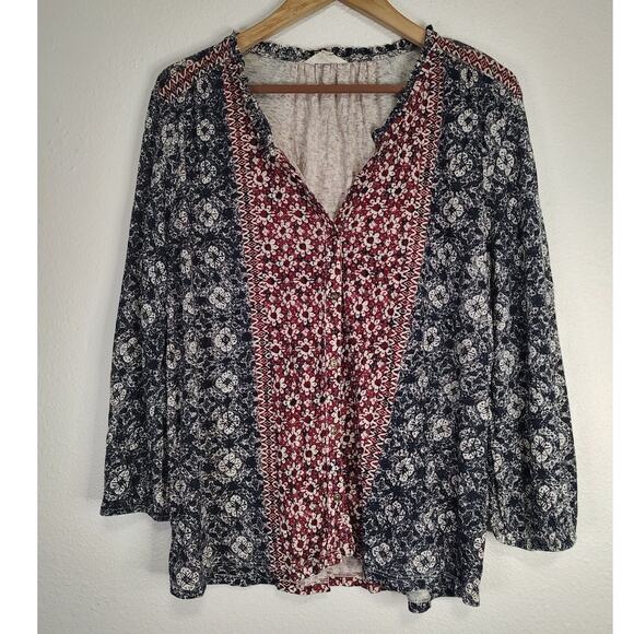 Lucky Brand Tops - Lucky Brand Red Blue White Floral V-Neck 3/4 Sleeve Blouse Size Medium